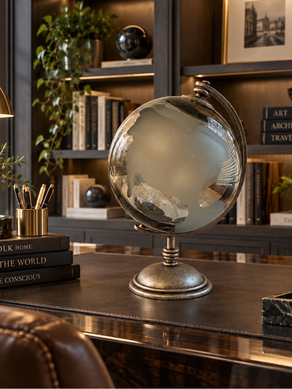 Etched Frosted Glass Globe with Antique Silver Stand VERY HEAVY!